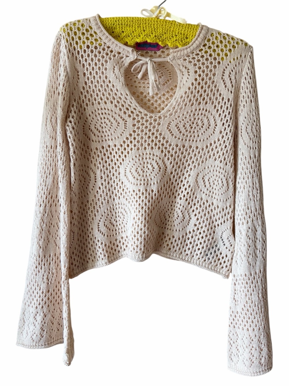 Edikted Crochet Knit Bell Sleeve Tie Front Top Boho Coquette Festival Sweater